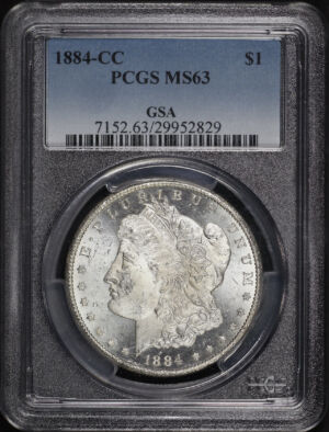 Obverse of this 1884-CC Morgan Dollar PCGS MS-63 GSA Label