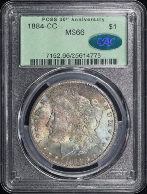 Obverse of this 1884-CC Morgan Dollar PCGS MS-66 CAC Old Green Holder PCGS 30th Anniversary Old Green Holder, Smoky Blue & Violet Toning