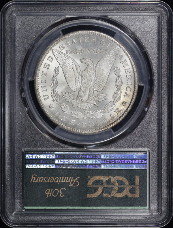 Reverse of this 1884-CC Morgan Dollar PCGS MS-66 CAC PCGS 30th Anniversary Old Green Holder, Smoky Blue & Violet Toning