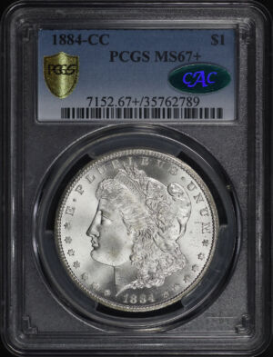 Obverse of this 1884-CC Morgan Dollar PCGS MS-67+ CAC (pop 25/4 at PCGS)
