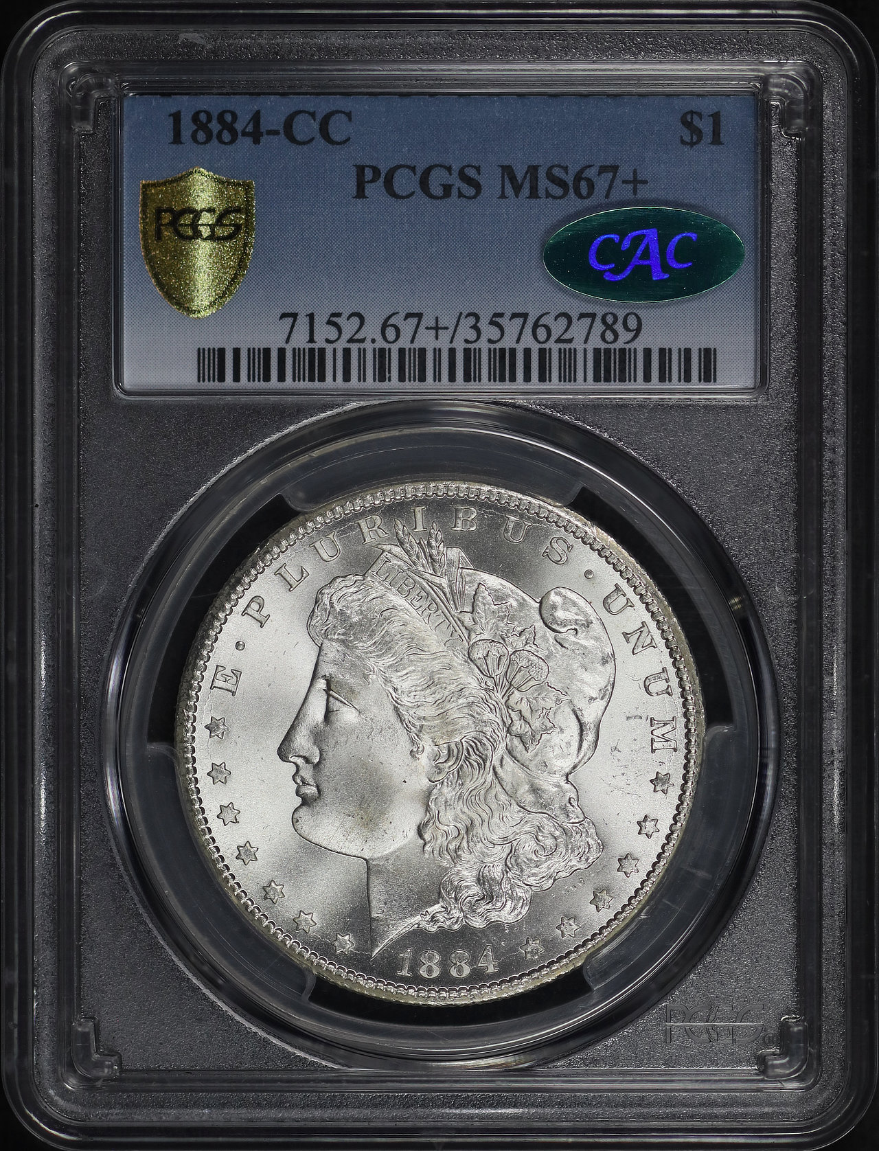 Obverse of this 1884-CC Morgan Dollar PCGS MS-67+ CAC (pop 25/4 at PCGS)
