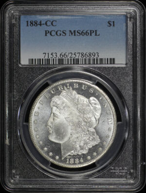 Obverse of this 1884-CC Morgan Dollar PCGS MS-66 PL