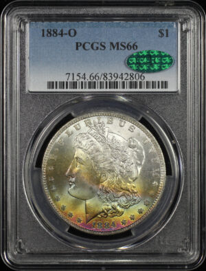 Obverse of this 1884-O Morgan Dollar PCGS MS-66 CAC Rainbow Toning