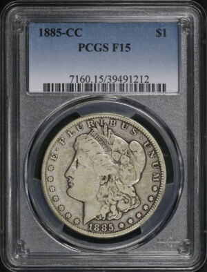Obverse of this 1885-CC Morgan Dollar PCGS F-15