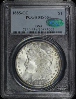 Obverse of this 1885-CC Morgan Dollar PCGS MS-65+ CAC GSA Label