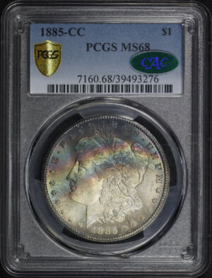 Obverse of this 1885-CC Morgan Dollar PCGS MS-68 CAC Rainbow Toned (pop 1/1 and arguably the best)