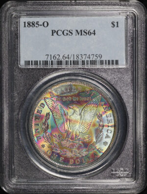 Obverse of this 1885-O Morgan Dollar PCGS MS-64 Vibrant End Of Roll Rainbow Reverse Toning 