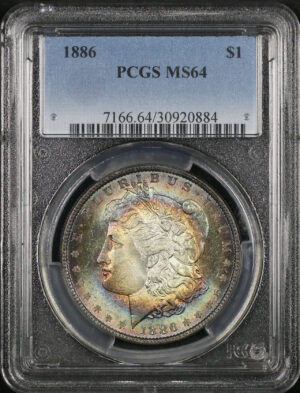 Obverse of this 1886 Morgan Dollar PCGS MS-64 Rainbow Bullseye/Target Toning