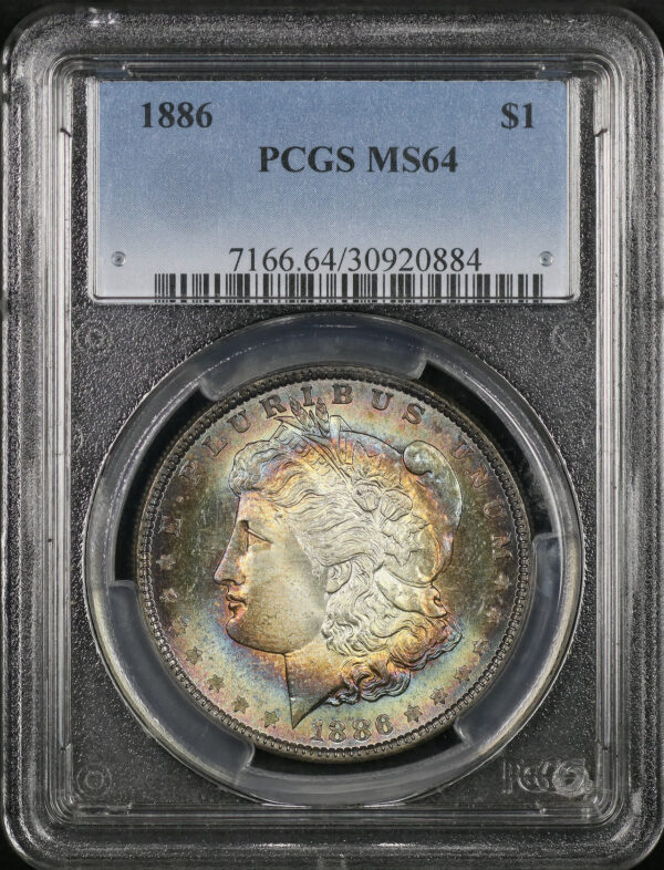 Obverse of this 1886 Morgan Dollar PCGS MS-64 Rainbow Bullseye/Target Toning