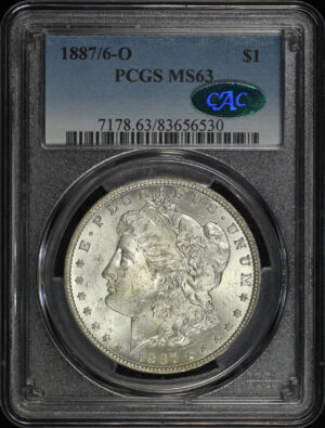 Obverse of this 1887/6-O Morgan Dollar PCGS MS-63 CAC