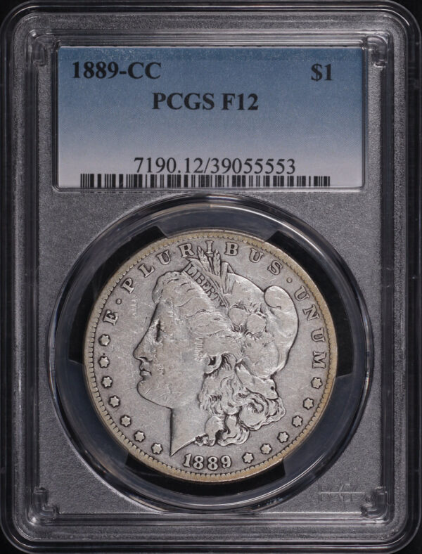 Obverse of this 1889-CC Morgan Dollar PCGS F-12