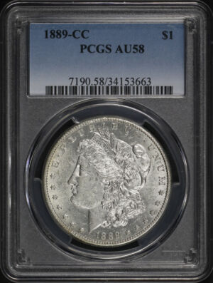 Obverse of this 1889-CC Morgan Dollar PCGS AU-58