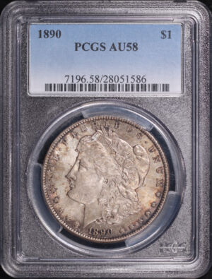 Obverse of this 1890 Morgan Dollar PCGS AU-58 – Crimson & Amber Toning