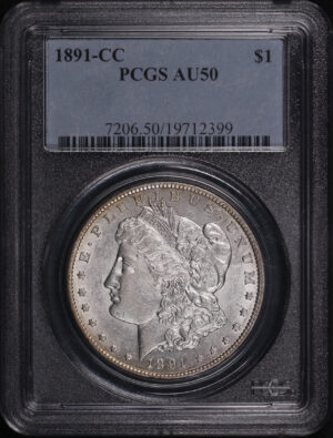 Obverse of this 1891-CC Morgan Dollar PCGS AU-50