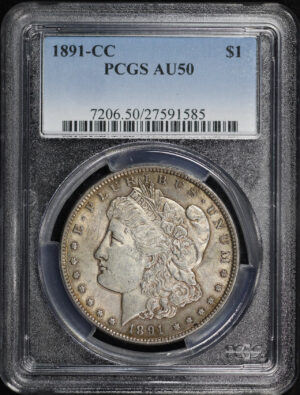Obverse of this 1891-CC Morgan Dollar PCGS AU-50
