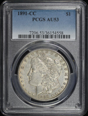 Obverse of this 1891-CC Morgan Dollar PCGS AU-53