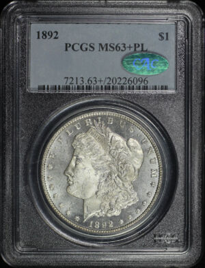 Obverse of this 1892 Morgan Dollar PCGS MS-63+ PL CAC