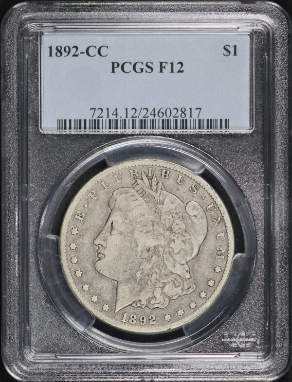 Obverse of this 1892-CC Morgan Dollar PCGS F-12