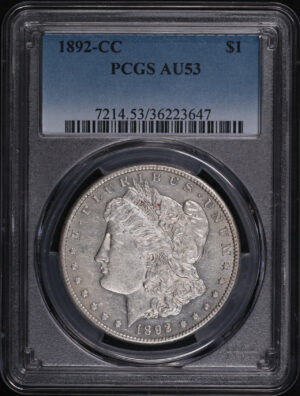 Obverse of this 1892-CC Morgan Dollar PCGS AU-53