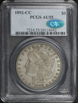 Obverse of this 1892-CC Morgan Dollar PCGS AU-55 CAC