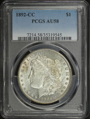 Obverse of this 1892-CC Morgan Dollar PCGS AU-58