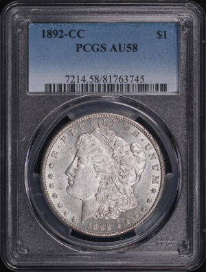 Obverse of this 1892-CC Morgan Dollar PCGS AU-58