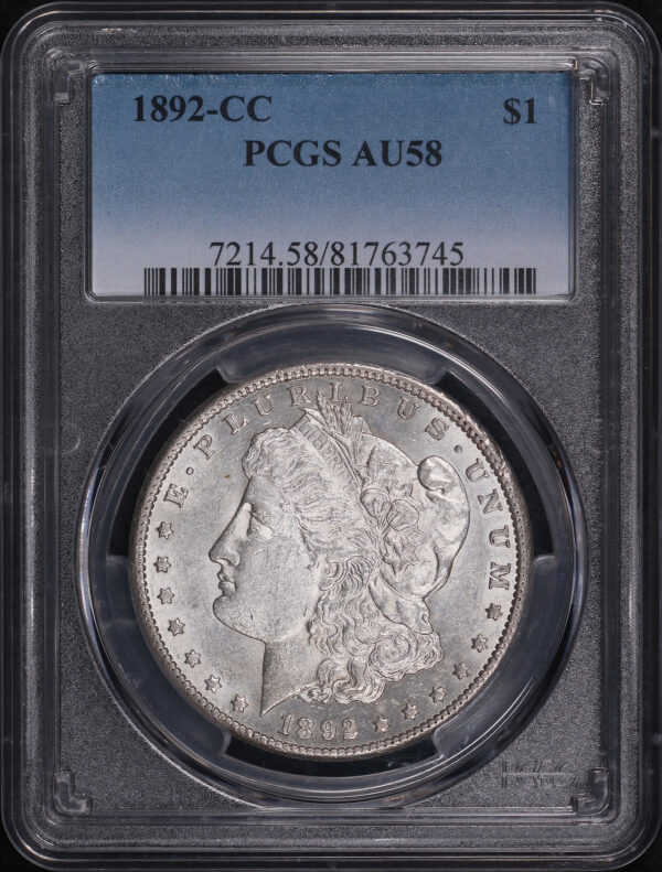 Obverse of this 1892-CC Morgan Dollar PCGS AU-58