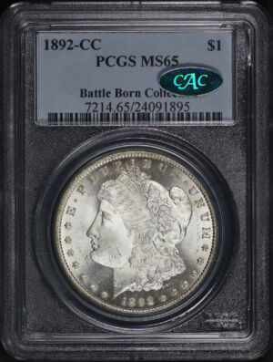 Obverse of this 1892-CC Morgan Dollar PCGS MS-65 CAC Battle Born Collection