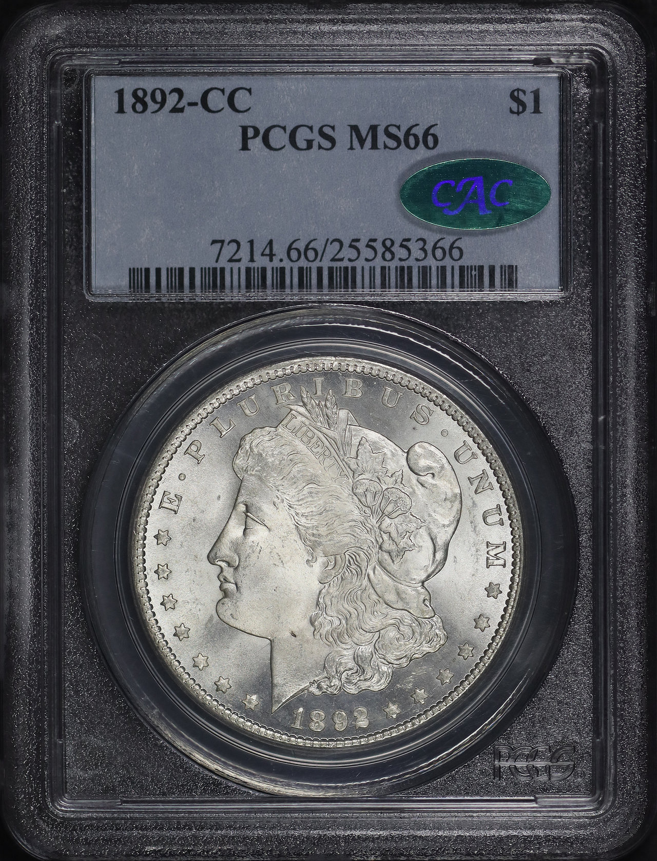 Obverse of this 1892-CC Morgan Dollar PCGS MS-66 CAC (CAC pop 13/2)