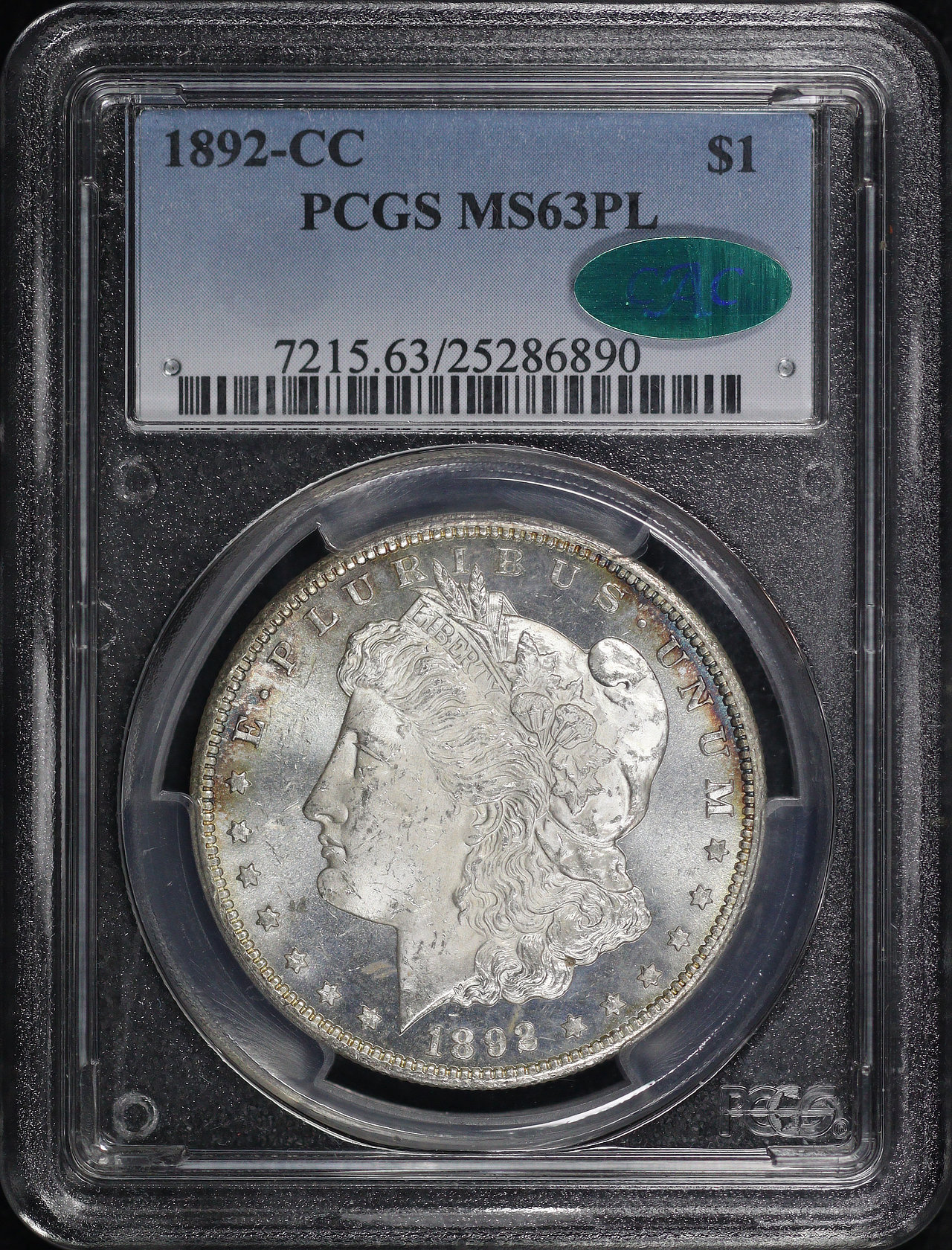 Obverse of this 1892-CC Morgan Dollar PCGS MS-63 PL CAC