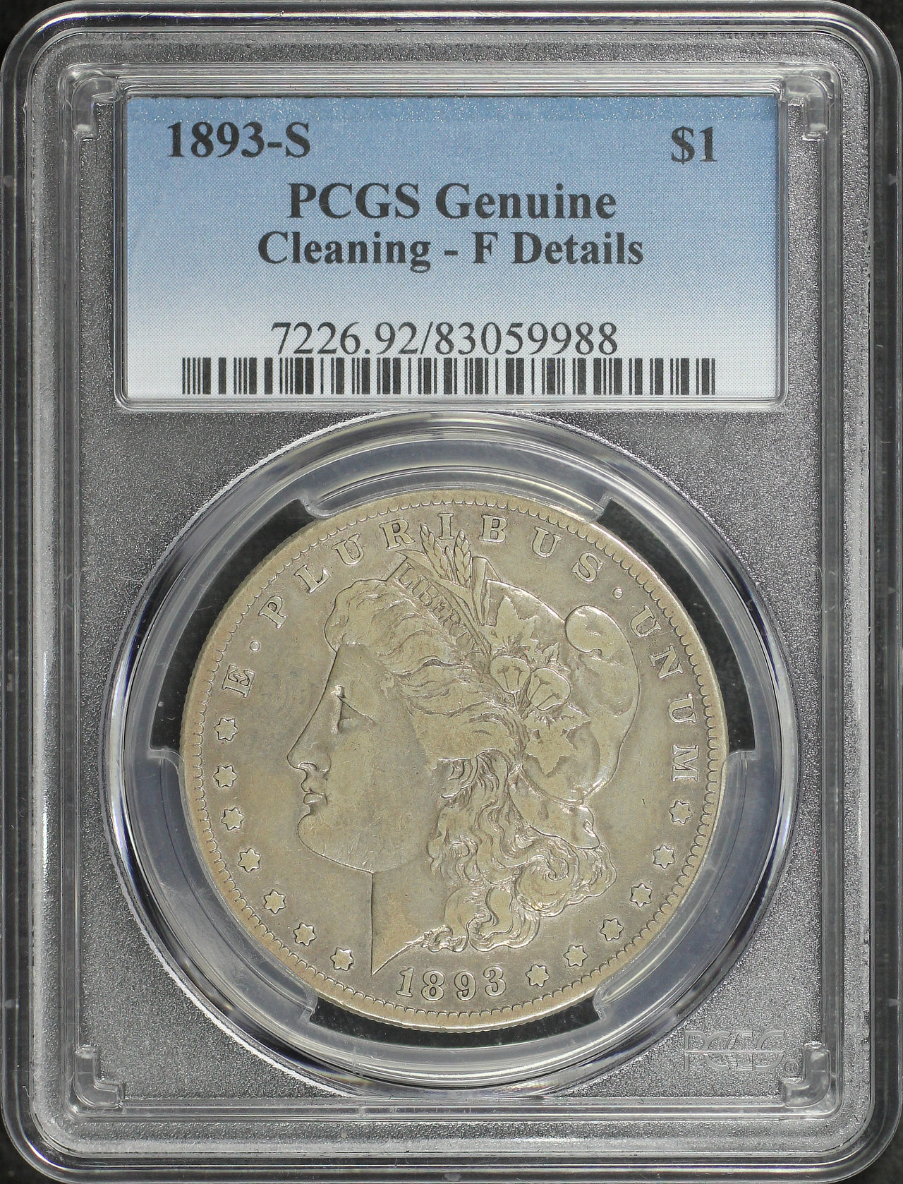 Obverse of this 1893-S Morgan Dollar PCGS F Details Cleaned