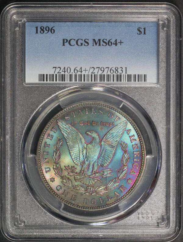 Obverse of this 1896 Morgan Dollar PCGS MS-64+ Velvety Neon Reverse Toning
