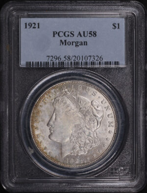 Obverse of this 1921 Morgan Dollar PCGS AU-58