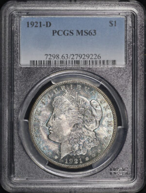 Obverse of this 1921-D Morgan Dollar PCGS MS-63 – Ocean Blue Toning!