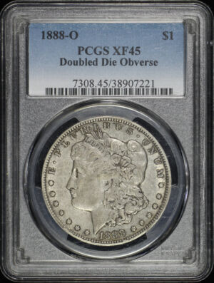 Obverse of this 1888-O Morgan Dollar Doubled Die Obverse PCGS XF-45