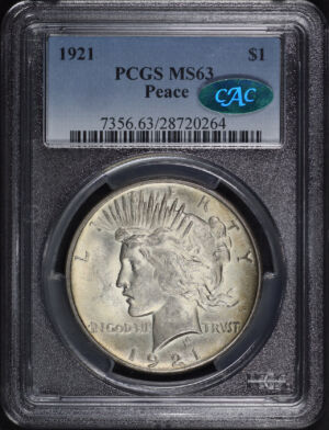 Obverse of this 1921 Peace Dollar PCGS MS-63 CAC