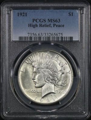Obverse of this 1921 High Relief Peace Dollar PCGS MS-63