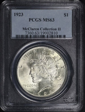 Obverse of this 1923 Peace Dollar PCGS MS-63 McClaren Collection II Label 