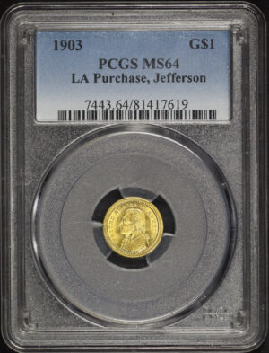 Obverse of this 1903 G$1 LA Purch-Jefferson Gold Commemorative PCGS MS-64