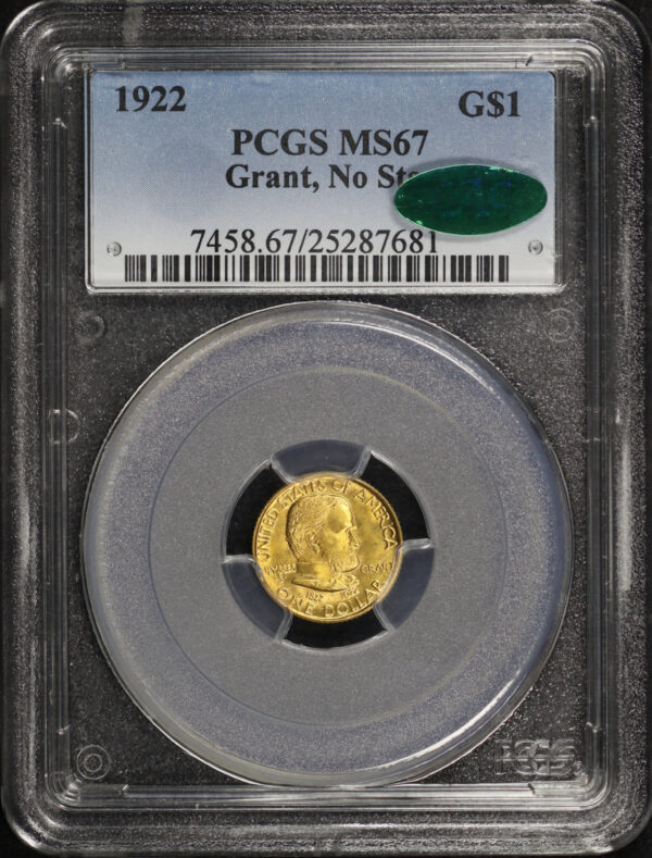 Obverse of this 1922 G$1 Grant, No Star Gold Commemorative PCGS MS-67 CAC