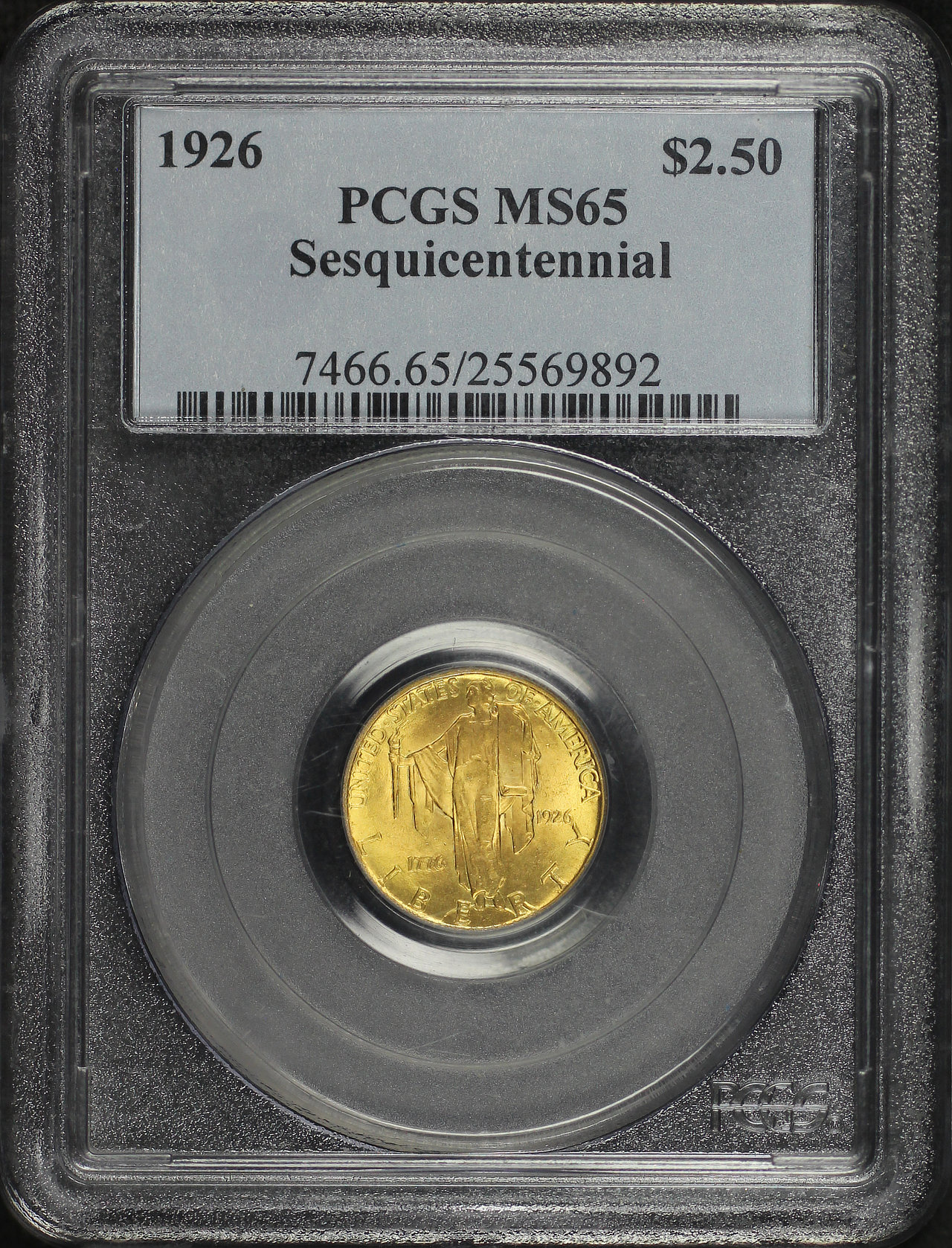 Obverse of this 1926 Gold Commemorative Sesquicentennial $2.50 PCGS MS-65