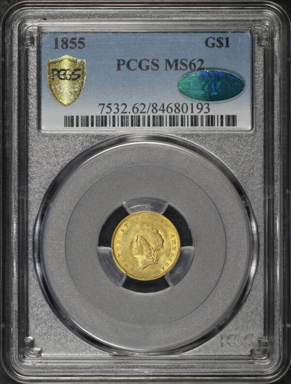 Obverse of this 1855 Gold Dollar PCGS MS-62 CAC