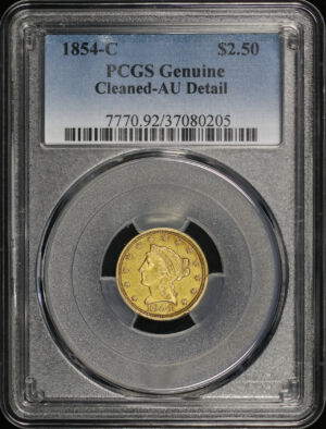 Obverse of this 1854-C Liberty Head $2.5 PCGS AU Details Cleaned