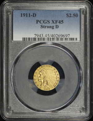 Obverse of this 1911-D Indian $2.5 Strong D PCGS XF-45