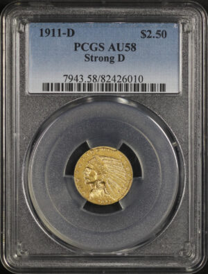 Obverse of this 1911-D Indian $2.5 Strong D PCGS AU-58