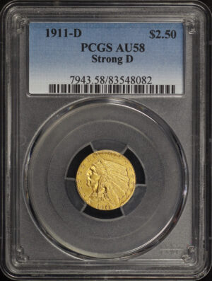 Obverse of this 1911-D Indian $2.5 Strong D PCGS AU-58