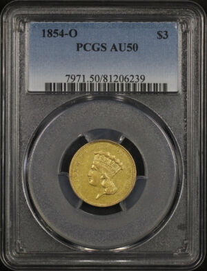 Obverse of this 1854-O Three Dollar PCGS AU-50