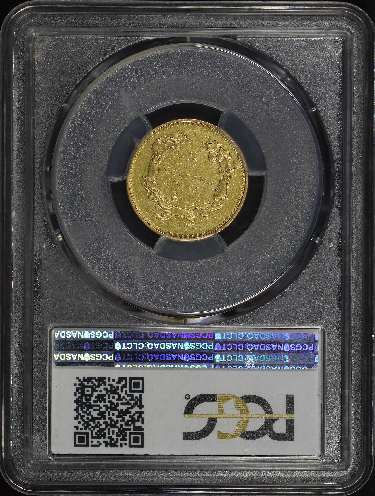 Reverse of this 1854-O Three Dollar PCGS AU-50