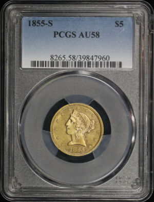 Obverse of this 1855-S Liberty Head $5 PCGS AU-58