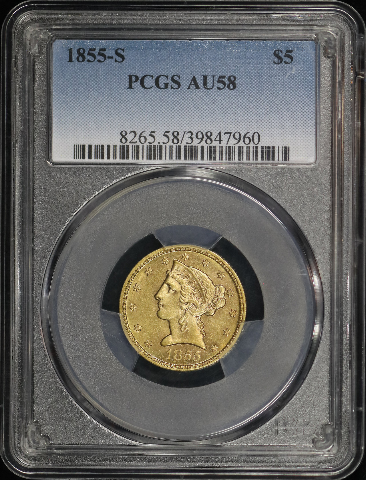 Obverse of this 1855-S Liberty Head $5 PCGS AU-58
